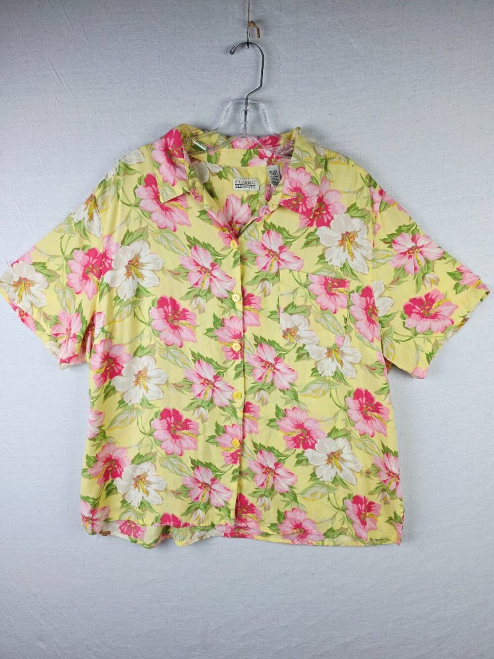 Classic Elements Hawaiian Shirt Button-Up Hibiscus Floral Print Yellow size XL